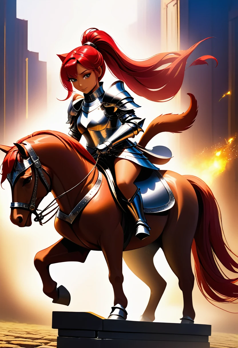 aarafed a picture of a  human knight riding an epic sized cat וin fantasy street, a  a human knight, full body, ((anatomically correct: 1.5), female knight, red hair, long hair, hair in a pony tail, wearing knight's armor, decorated armor, high heeled boots, BREAK riding a ((cat big as a horse: 1.5)), the cat is wearing armor ready for battle, dynamic color cat Hyperrealism style, vibrant, Ultra-high resolution, High Contrast, (masterpiece:1.5), highest quality, Best aesthetics), best details, best quality, highres, ultra wide angle, 16k, [ultra detailed], masterpiece, best quality, (extremely detailed) RAW, ArmoredDress