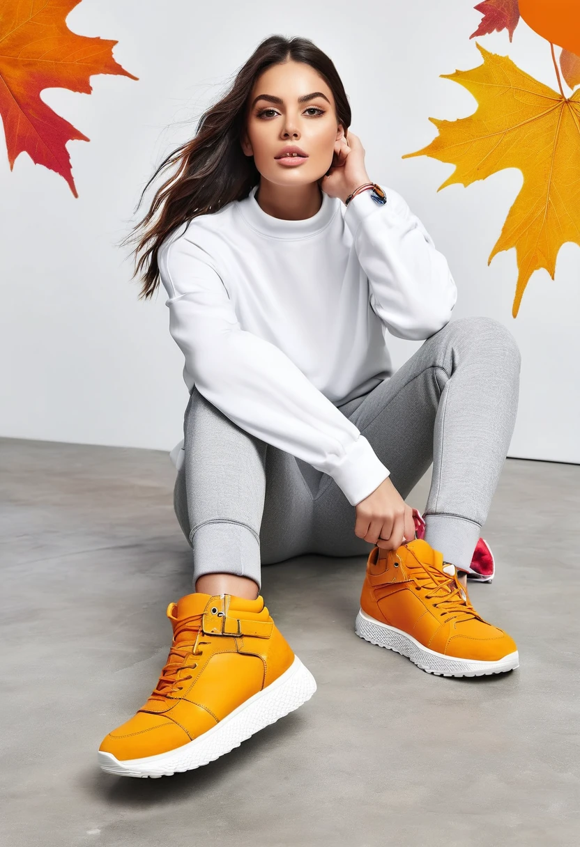 Create an image for the main banner of an urban sneaker store for the "Autumn Winter" season. The image should show a full-body woman, lying on her side with a relaxed expression, wearing trendy urban sneakers. The sneakers should be the main focal point of the image, with bright colors and details clearly visible. The background should be white and minimalist, highlighting the sneakers and urban fashion