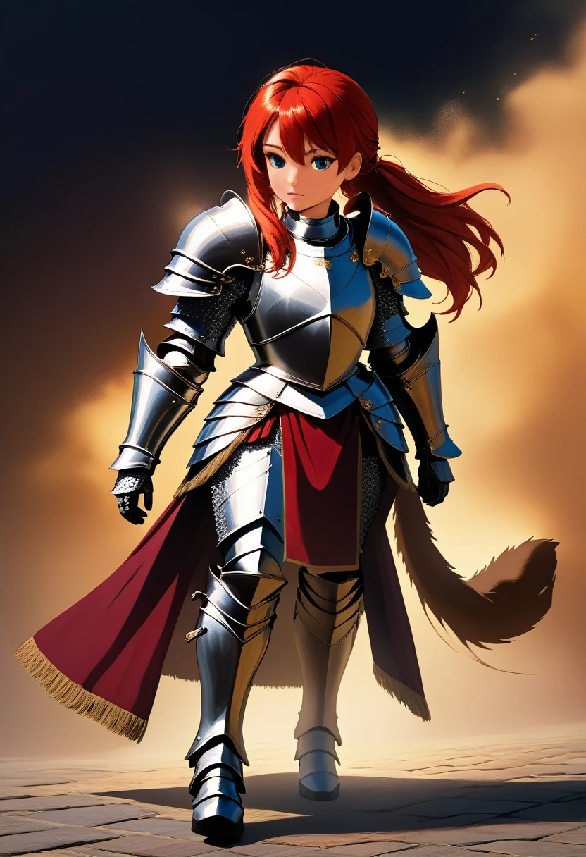 aarafed a picture of a  ((huge cat: 1.5))  alking with a knight in fantasy street, an ((cat big as a horse: 1.5)), the cat is wearing armor ready for battle, dynamic color cat BREAK a human knight, full body, ((anatomically correct: 1.5) walking near him, female knight, red hair, long hair, hair in a pony tail, wearing knight's armor, decorated armor, high heeled boots, Hyperrealism style, vibrant, Ultra-high resolution, High Contrast, (masterpiece:1.5), highest quality, Best aesthetics), best details, best quality, highres, ultra wide angle, 16k, [ultra detailed], masterpiece, best quality, (extremely detailed) RAW, ArmoredDress