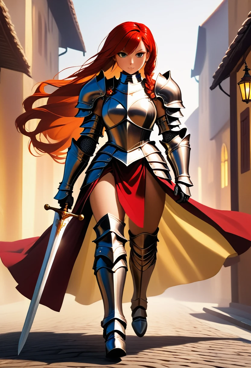 aarafed a picture of a  ((huge cat: 1.5))  alking with a knight in fantasy street, an ((cat big as a horse: 1.5)), the cat is wearing armor ready for battle, dynamic color cat BREAK a human knight, full body, ((anatomically correct: 1.5) walking near him, female knight, red hair, long hair, hair in a pony tail, wearing knight's armor, decorated armor, high heeled boots, Hyperrealism style, vibrant, Ultra-high resolution, High Contrast, (masterpiece:1.5), highest quality, Best aesthetics), best details, best quality, highres, ultra wide angle, 16k, [ultra detailed], masterpiece, best quality, (extremely detailed) RAW, ArmoredDress