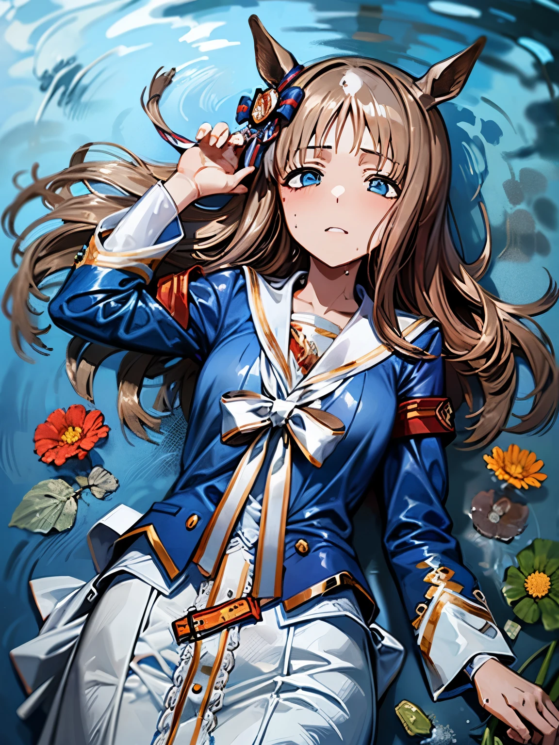 grass wonder \(Umamusume\), 1 girl, Solo, Best Quality, masutepiece, 8K, High resolution, madeon, Ultra-detailed, lying, on back, (((submarged in water))), Blue jacket, White sailor color, Long sleeves, White skirt, ((wet hair, wet clothes,))