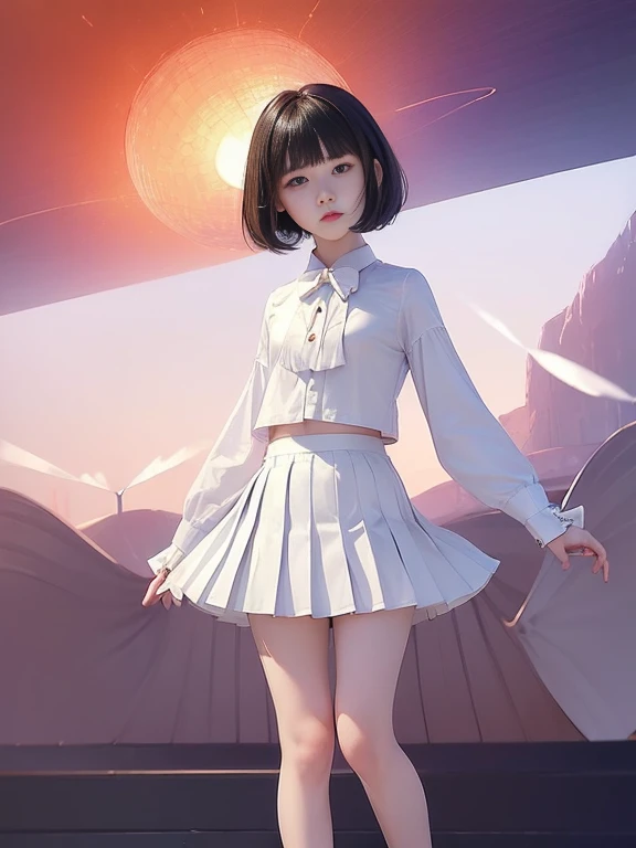 (masterpiece、Highest quality:1.7)、(:1.5)、(Full body shot:1.7)、((Bobcut、Black Hair))、85mm、16K、Official Art、RAW Photos、Best Beautiful Faces、Close-up、Violet、Gardenia、((The best beautiful girl、very cute))、Red blush on cheeks、((indoor))、(Are standing:1.8)、Film Grain、Chromatic Aberration、Sharp Focus、(((Nice hands、Perfect hands、Perfect Fingers、Thin and delicate fingers、A perfect body without flaws)))、Detailed face、(Slender body:1.5)、(Slender body:1.1)、(Slim upper body:1.1)、(Small and flat bust:1.7)、(Narrow thighs:1.3)、(Let your bangs hang down:1.8)、(Blushing:1.8)、(Low contrast lighting:1.4)、(襟t付きのwhiteタイトビジネスブラウス:1.5)、((white)Bowtie blouse:1.5)、(Long sleeve: 1.4)、(Very short length(white)Pleated mini skirt:1.8)、(Cover your chest with your palms:1.7),(The wind is blowing up her skirt:1.8),(Low angle from below:1.8)