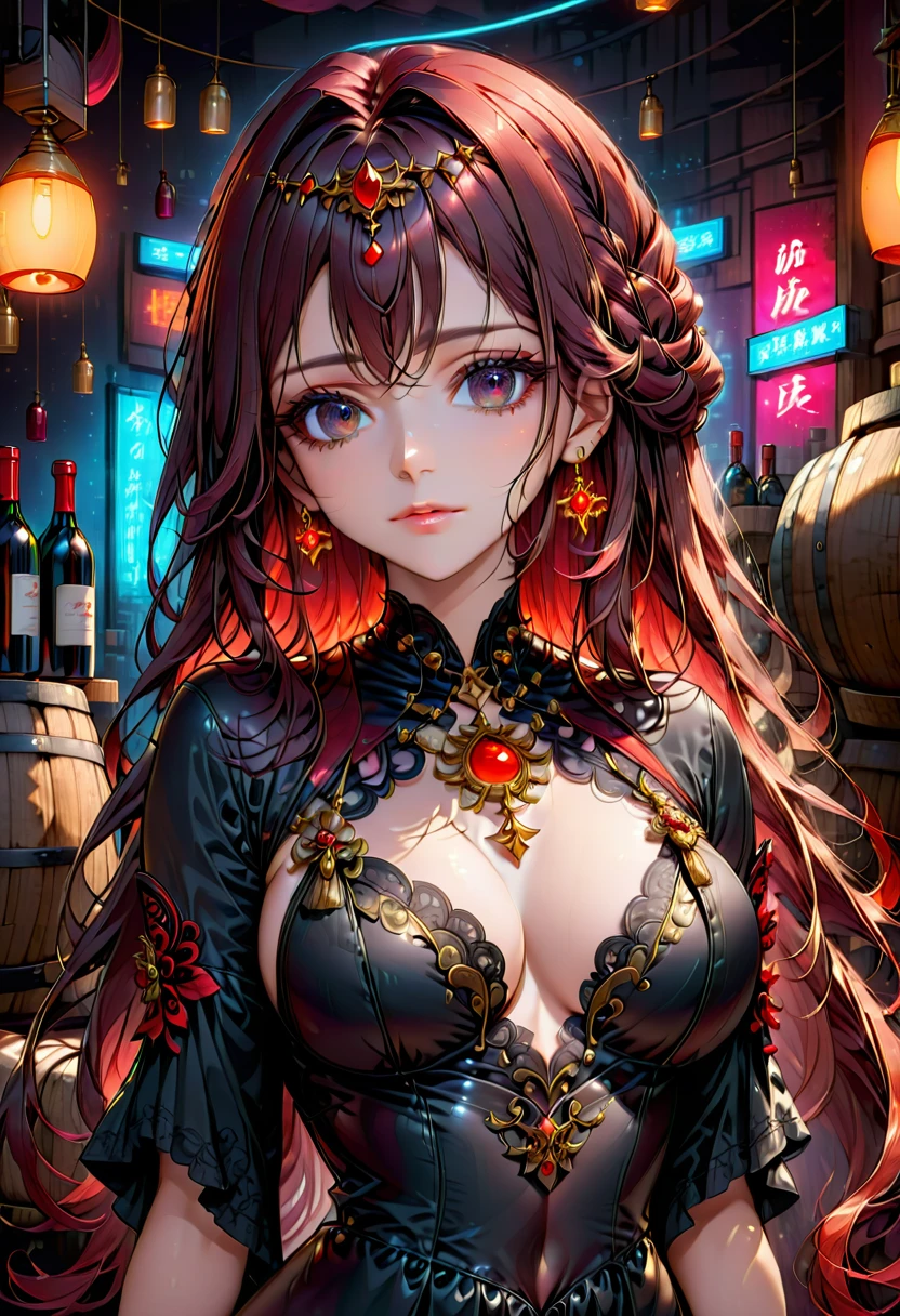 High resolution, high quality, High-resolution model, High detail, Very detailed, goddess, long hair, Adult face, A look of compassion, Dark Eyes, Gradient eyes, Face seen from diagonal front left, Her hair is a black and red gradient, Circlet, Neon-like earrings, Black and red gothic dress, Waist up shot, Holding a wine glass, Neon-like light in the background, In the background, a wine glass extends off the screen., Lots of neon lights in the background, Many sake barrels in the background, Many wine bottles in the background