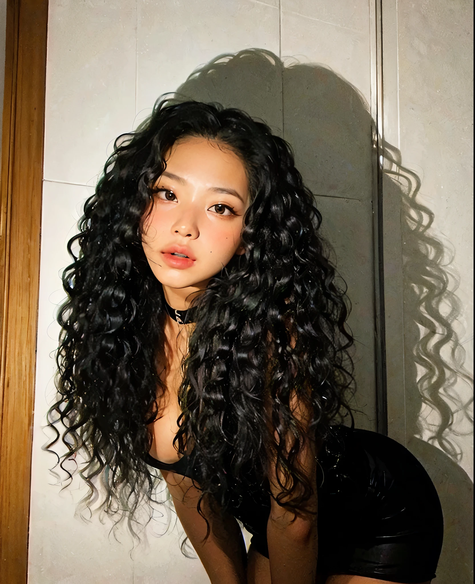 korean, Bblack hair, black eyes, pink mouth, Asian girl, Youngh, curly hair