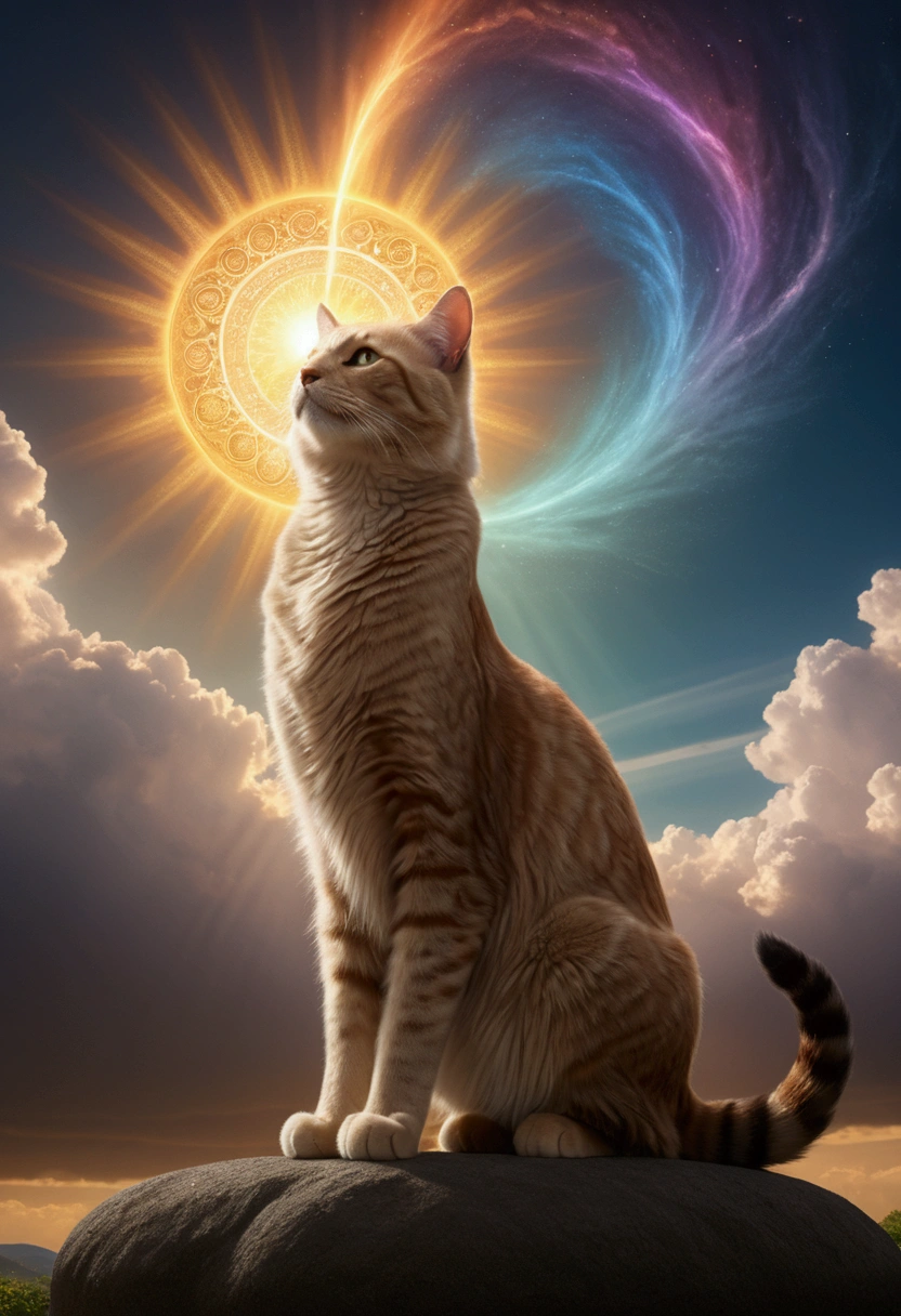 (Giant Cat, exaggerate Giant), from below, Stunning illustration, glowing in the dark with colorful multicolor light, centered on a night background, in the style of pop surrealist artist, fine art, full body, award-winning, cinematic still, emotional, vignette, dynamic, vivid, (masterpiece, best quality, Professional, perfect composition, very aesthetic, absurdres, ultra-detailed, intricate details:1.3)