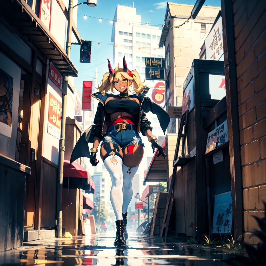 ((best quality)), ((masterpiece)), (detailed), 1girl, one girl, 8k_wallpaper, extremely detailed eyes, extremely detailed body, beautiful face, perfect face, detailed ((blonde hair)), (gold eyes), (( big blue horns)), {{dark skin}}, ({dark skinned female}), gigantic breasts, thick thighs, strong arm and leg muscles, strong abdominal muscles, Korean girl, a predatory mischievous smile with fangs, a vulgar smile, a playful look, style - a hot rock girl, a dark red open jacket with rolled up sleeves, a belt of yellow silk and gold chains, gold bracelets and leather short gloves, short denim mini shorts through which the outlines of a wet woman appear pussy, a rock guitar hanging behind his back, walking down the street of the evening city,