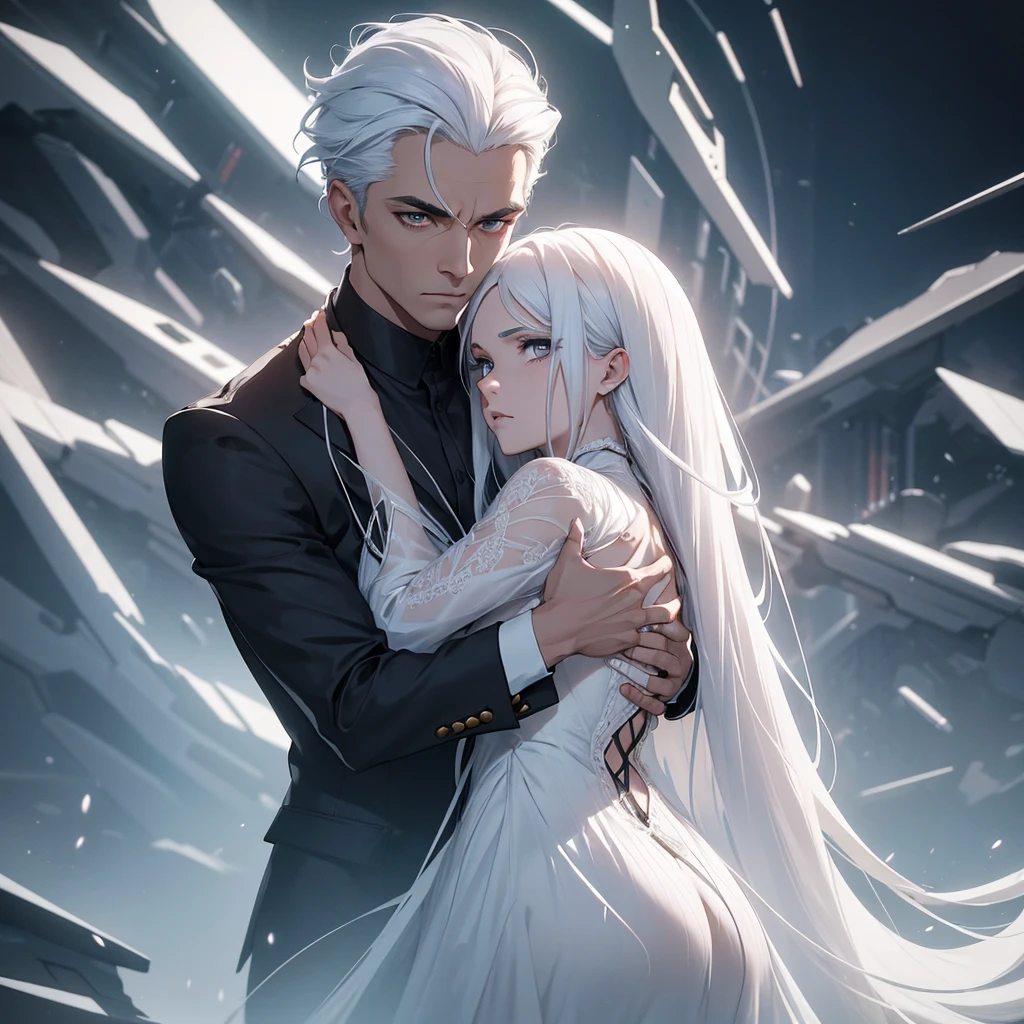 um homem e uma mulher se Hugging, man with white hair, serious face, wearing futuristic formal clothes, woman wearing low-cut black dress, Hugging, details Intricate, hyper realist, 8k, extremely detaild, high qualiy, photorrealistic, dramatic lighting, cinematographic, temperamental, dark colours, dramatic shadows