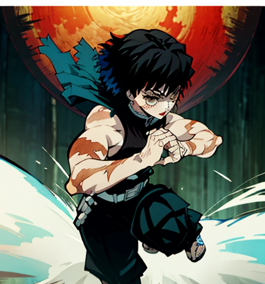 ((Demon Slayer style)) 1 girl, rude woman, Bella, cazademonios, beefy, good tail, reddish and golden eyes, blue hair, semi-wide hair, high and spiky hair, hair cut in layers aesthetic, jet black hair and strong blue tips, crossed pointed bangs, side temples, fine scar on lower left cheek, sorrisa Bella, red lipstick, demon hunter uniform, sleeveless, white belt, Wide pant, bandages in arms, Big hands, white fur stockings on her feet, japan sandals, combat position, rugged forest landscape background, estilo anime kimetsu no yaiba. ((masterpiece)) .