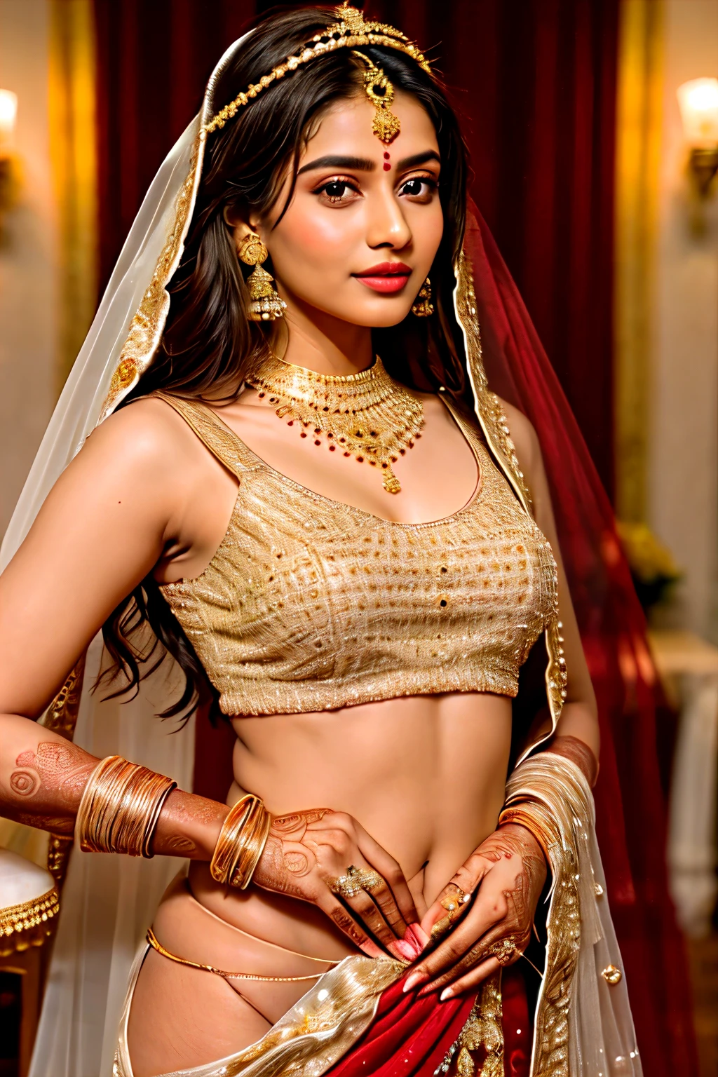 indian bride with red lahenga wearing gold jewellery and gold crown with red veil