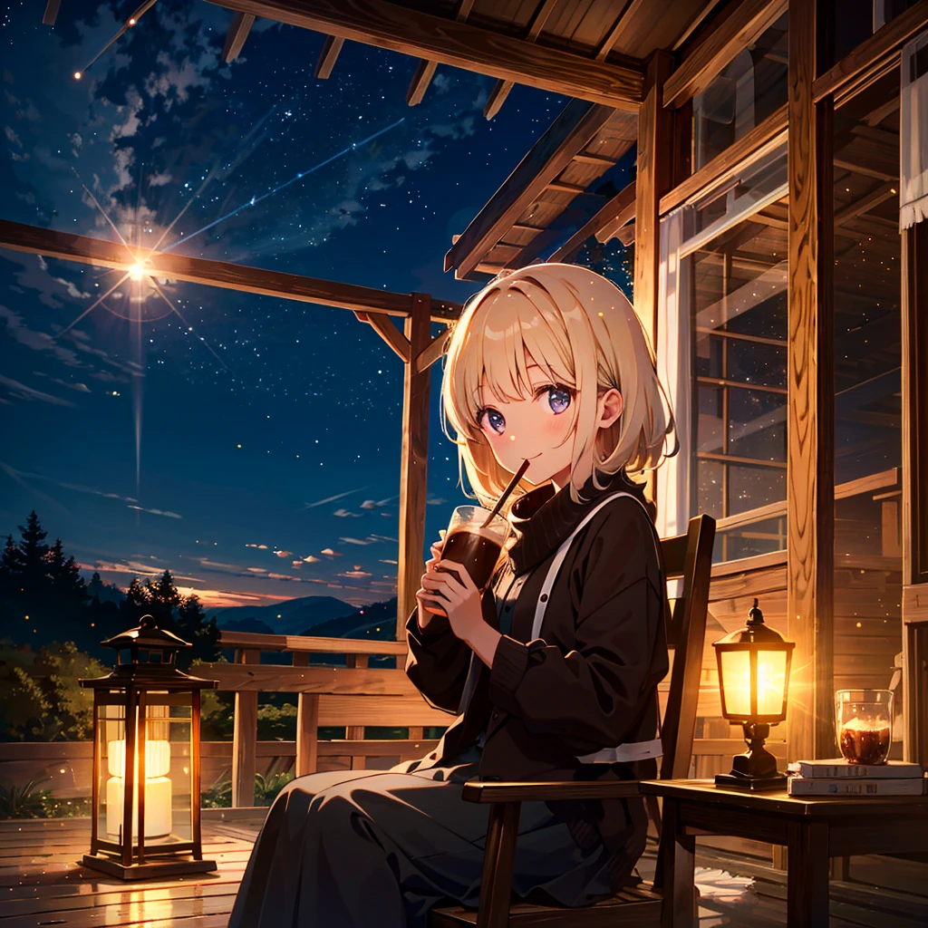 absurdres, highres,
BREAK
girl drinking cocoa, night camp, Lantern Light, Relax Time, Illusory Light particles, lens flare, smile