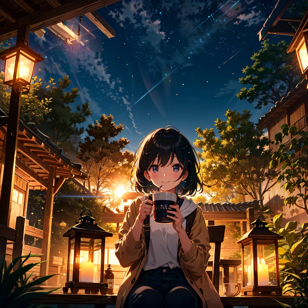 absurdres, highres,
BREAK
girl drinking cocoa, night camp, Lantern Light, Relax Time, Illusory Light particles, lens flare, smile