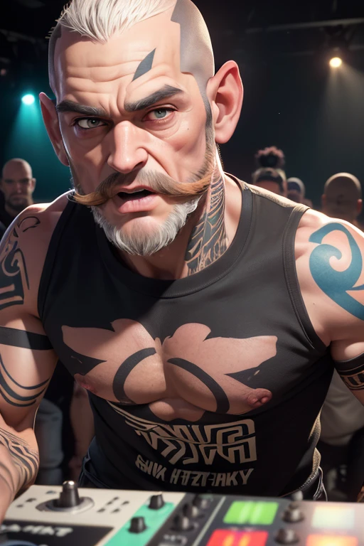 (Highly detailed CG Unity 8k wallpaper), The most beautiful works of art in the world,(A beardless face:1.5),A skinny man in his 50s,A blindfolded man is playing a game,((Slender body:1.5)),(Bald headed old man),(An old man with a beardless face),(Cute Bear T-Shirt),(An old man yelling with his mouth wide open),Lots of tattoos,((Holding a cigarette)),Large crowd in the background,Party Time,Turntablist, portrait of lucha libre DJ, turntablism DJ scratching, ,((Highly detailed skin and facial textures:1.3, Ultra detailed face, Detailed arms, Beautiful attention to detail)),DJ, DJ set, DJ rave party, DJ at a party, Labor's Photo, DJ sura, DJing with DJ turntables, Tokyo Cyberpunk Night on the Roof, Amen wins the jungle