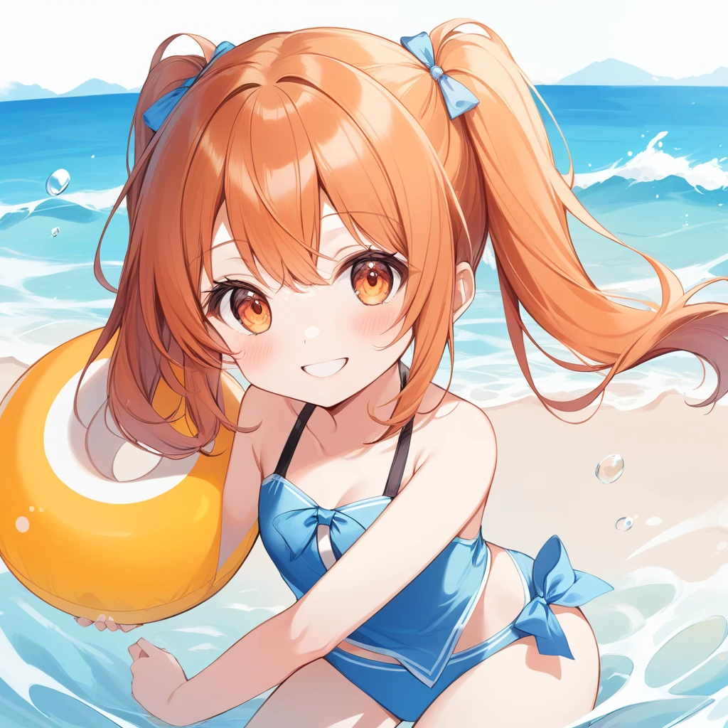 Orange Hair, Orange eyes,girl,Pigtails with both ends tied,smile, Little, in swimsuit,girl一人