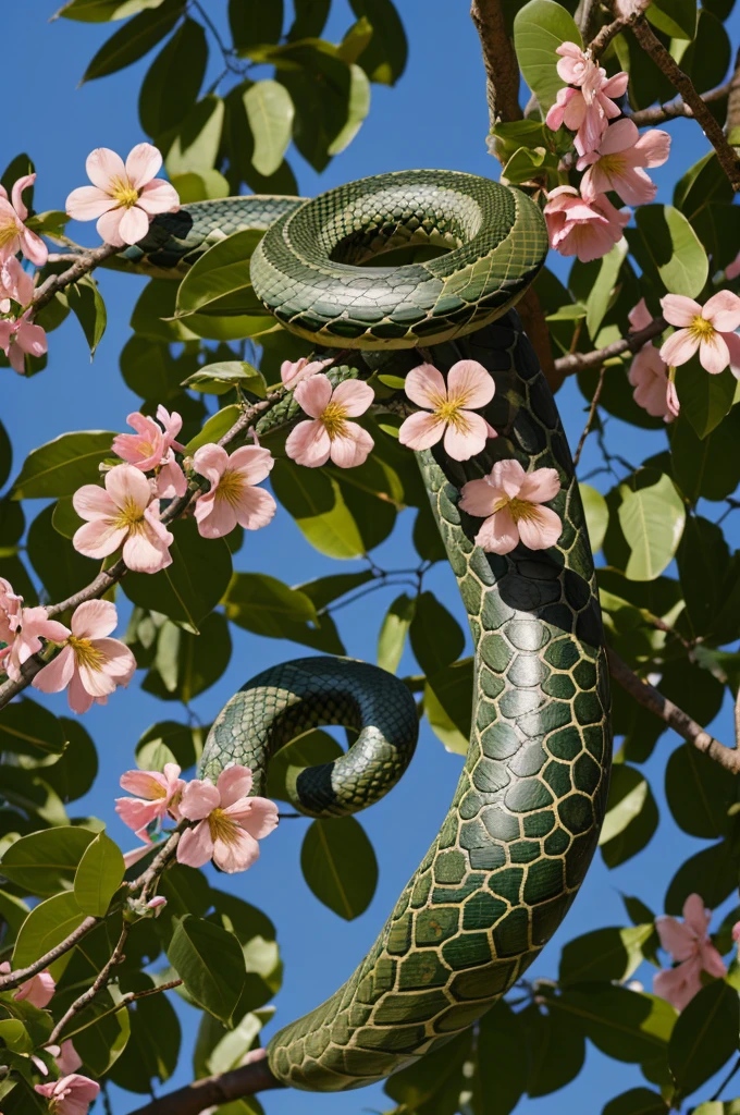 An anaconda sticking out its tongue, curled up in a tree with flowers