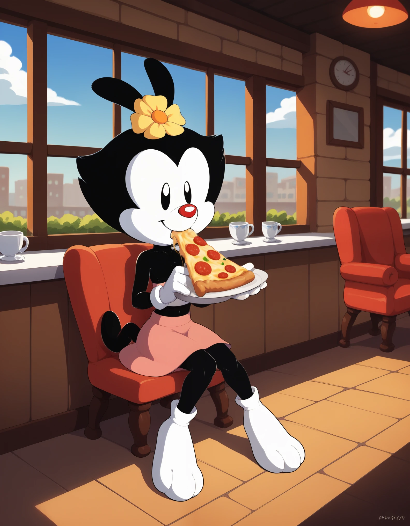 score_9, score_8_up, score_8,  1girl, furry, animal ears, d0tw4n3r, hair ornament, hair flower, white gloves, skirt, restaurant, sitting, eating pizza,