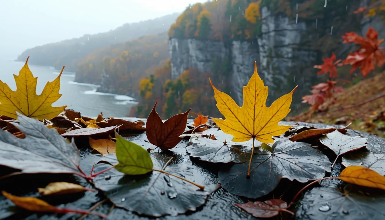 (gray gradation leaves),(winter leaves), (half withered),(on the cliff),magical round leaves leaves falling, snow is falling thinly,nature documentry footage, youtube video screenshot, today's featured photography 4k, autumn rain turkel, nature photography 4k, november, cinematic widescreen shot, leaves and magic, high quality screenshot, 2 0 2 1 cinematic 4 k framegrab, wide screenshot