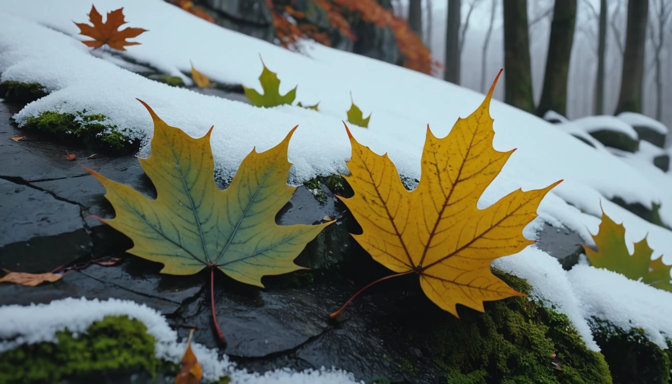 (gray gradation leaves),(winter leaves), (half withered),(on the cliff),magical round leaves leaves falling, snow is falling thinly,nature documentry footage, youtube video screenshot, today's featured photography 4k, autumn rain turkel, nature photography 4k, november, cinematic widescreen shot, leaves and magic, high quality screenshot, 2 0 2 1 cinematic 4 k framegrab, wide screenshot