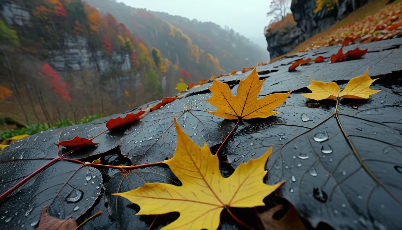 (gray gradation leaves),(winter leaves), (half withered),(on the cliff),magical round leaves leaves falling, snow is falling thinly,nature documentry footage, youtube video screenshot, today's featured photography 4k, autumn rain turkel, nature photography 4k, november, cinematic widescreen shot, leaves and magic, high quality screenshot, 2 0 2 1 cinematic 4 k framegrab, wide screenshot