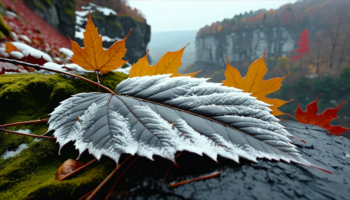 (gray gradation leaves),(winter leaves), (half withered),(on the cliff),magical round leaves leaves falling, snow is falling thinly,nature documentry footage, youtube video screenshot, today's featured photography 4k, autumn rain turkel, nature photography 4k, november, cinematic widescreen shot, leaves and magic, high quality screenshot, 2 0 2 1 cinematic 4 k framegrab, wide screenshot