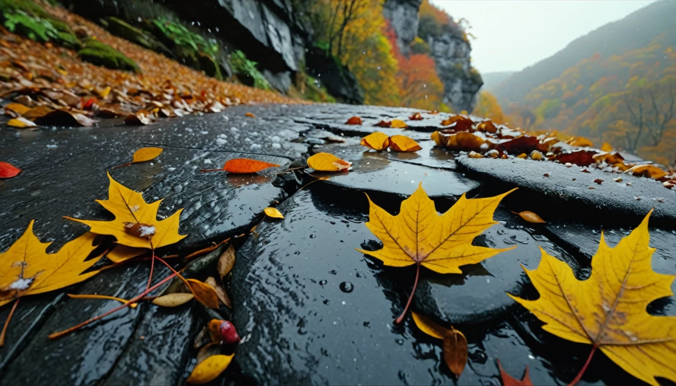 (gray gradation leaves),(winter leaves), (half withered),(on the cliff),magical round leaves leaves falling, snow is falling thinly,nature documentry footage, youtube video screenshot, today's featured photography 4k, autumn rain turkel, nature photography 4k, november, cinematic widescreen shot, leaves and magic, high quality screenshot, 2 0 2 1 cinematic 4 k framegrab, wide screenshot