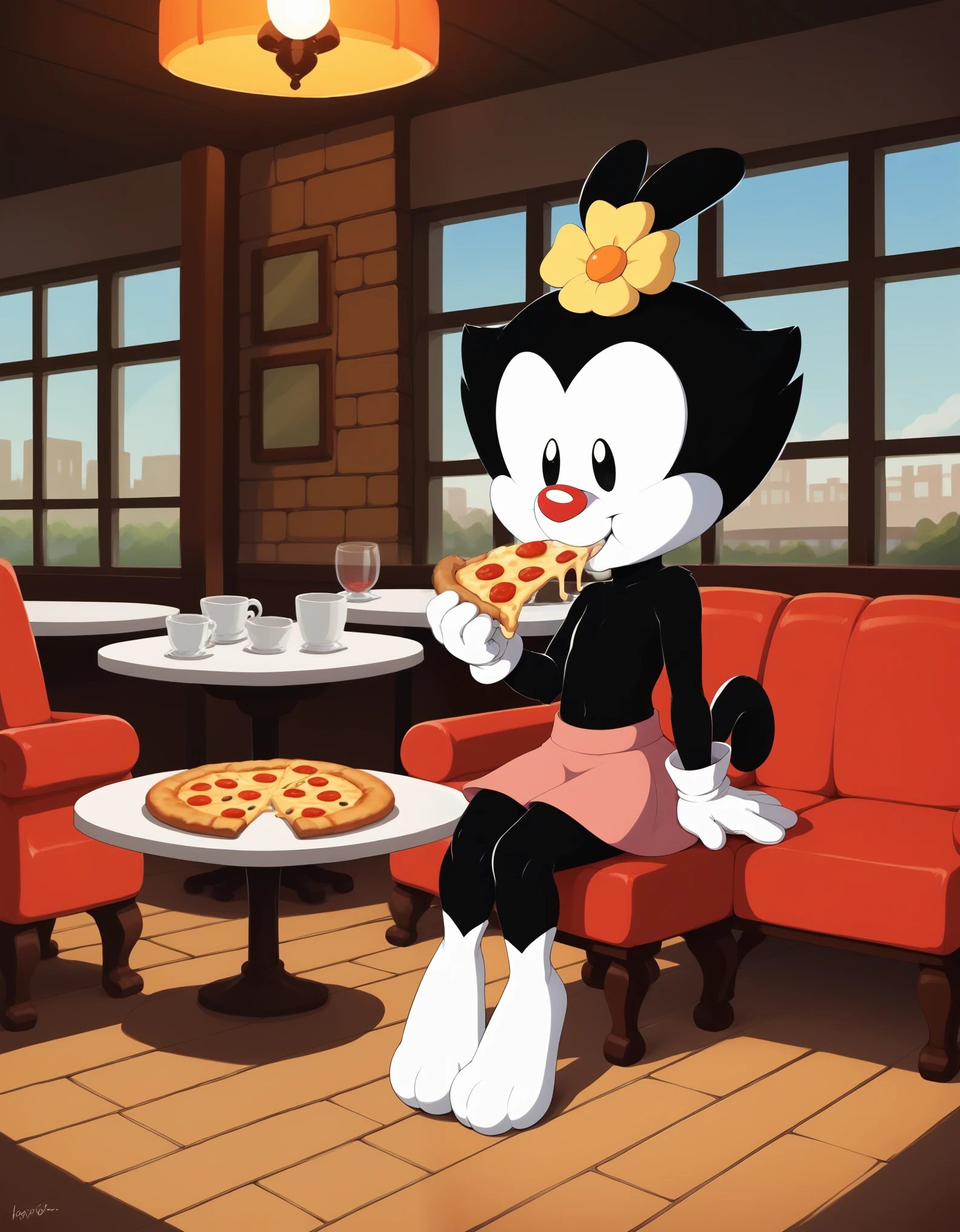 score_9, score_8_up, score_8,  1girl, furry, animal ears, d0tw4n3r, hair ornament, hair flower, white gloves, skirt, restaurant, sitting, eating pizza,