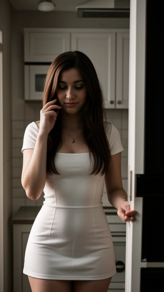 meghan trainor, fitted white dress, standing in kitchen, 18 years old, wavy hair, sensual, shy, hair covering eyes, film grain, raw photo, masterpiece, photorealistic, high definition, dwarf, short height, petit, small, 