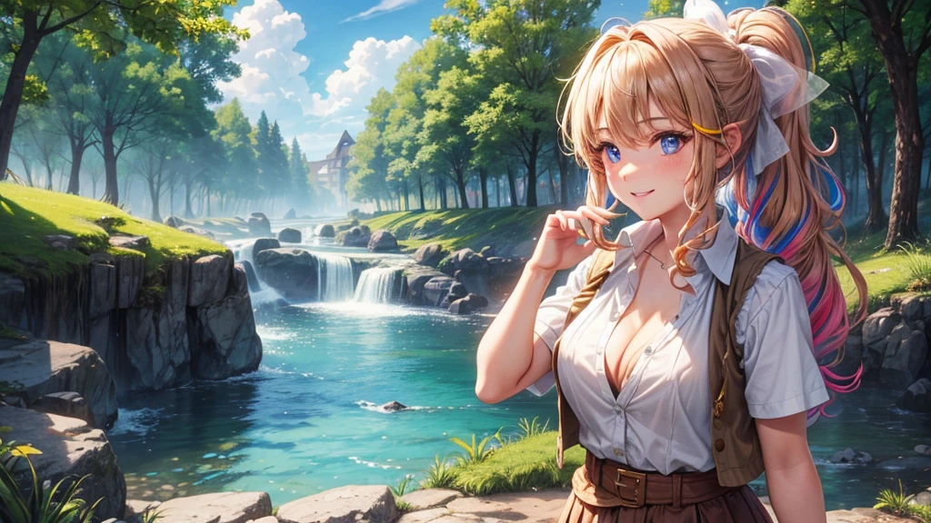 1girl, solo, full body, ((Lord of the Rings)), summer, village, trees, sun, clouds, fantasy, ((colorful hair)), curly hair, ponytail, big full breasts, ((brown vest sweeter)), button down shirt, ((white shirt)), ((short sleeved shirt)), ((unbuttoned shirt)), unbuttoning buttons, cleavage 1:3, blue eyes, skirt, smile, looking at the viewer, standing, hair ribbon, golden necklate