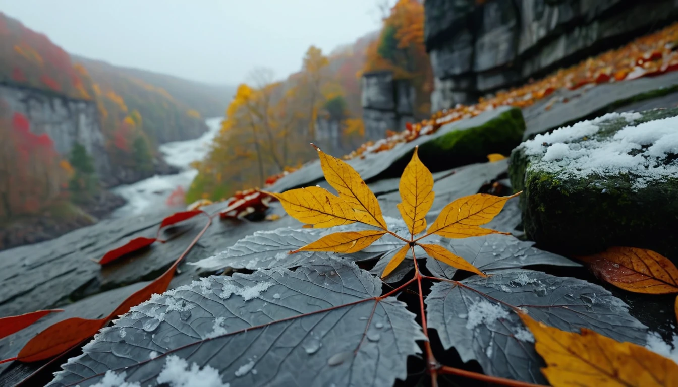 (gray gradation leaves),(winter leaves), (half withered),(on the cliff),magical round leaves leaves falling, snow is falling thinly,nature documentry footage, youtube video screenshot, today's featured photography 4k, autumn rain turkel, nature photography 4k, november, cinematic widescreen shot, leaves and magic, high quality screenshot, 2 0 2 1 cinematic 4 k framegrab, wide screenshot