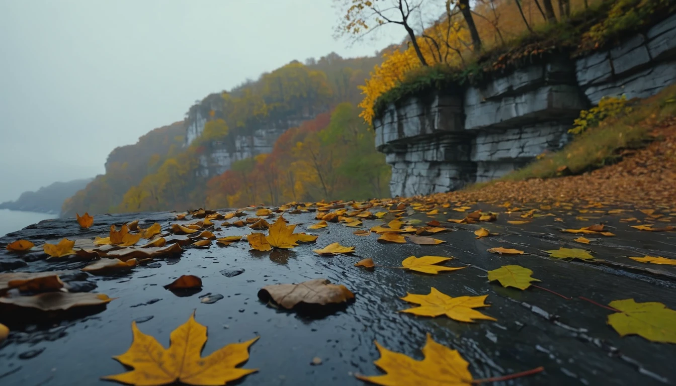 (gray gradation leaves),(winter leaves), (half withered),(on the cliff),magical round leaves leaves falling, snow is falling thinly,nature documentry footage, youtube video screenshot, today's featured photography 4k, autumn rain turkel, nature photography 4k, november, cinematic widescreen shot, leaves and magic, high quality screenshot, 2 0 2 1 cinematic 4 k framegrab, wide screenshot