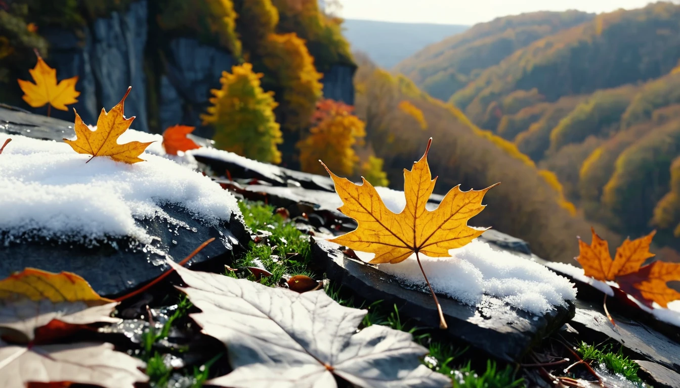 (gray gradation leaves),(winter leaves), (half withered),(on the cliff),magical round leaves leaves falling, snow is falling thinly,nature documentry footage, youtube video screenshot, today's featured photography 4k, autumn rain turkel, nature photography 4k, november, cinematic widescreen shot, leaves and magic, high quality screenshot, 2 0 2 1 cinematic 4 k framegrab, wide screenshot
