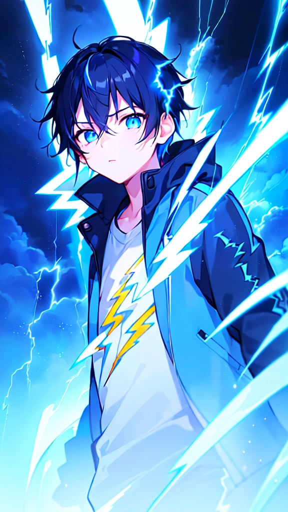 [(WHITE BACKGROUND:1.5),::5], ((((masterpiece)))), high quality, ultra very high resolution, full color, (((solo))), ((little boy)), BLACK hair, (Blue streaked hair), (oriental deepblue eyes), anime, ((upper body)), Summer clothes, neon light, black parka, (lightning effect:1.5)