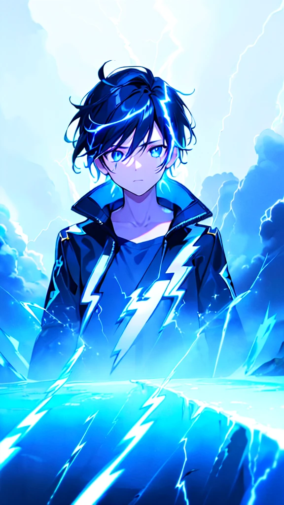 [(WHITE BACKGROUND:1.5),::5], ((((masterpiece)))), high quality, ultra very high resolution, full color, (((solo))), ((little boy)), BLACK hair, (Blue streaked hair), (oriental deepblue eyes), anime, ((upper body)), Summer clothes, neon light, black parka, (lightning effect:1.5)