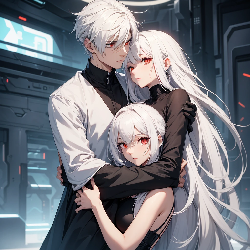 make one character hugging another. the first will be a man, taller than the woman he is hugging, white  hair, social futuristic clothes and yellow x-shaped eyes. the girl will have red eyes, long white hair and a low-cut black dress