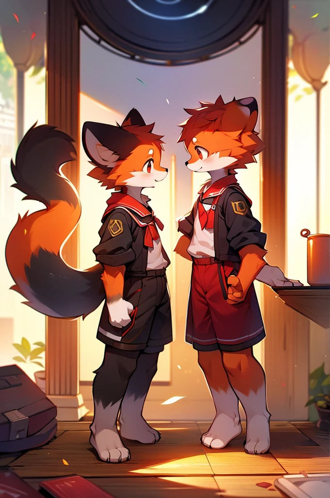 Red Panda Boy,8k resolution,Furry, Uniform attire,Red collar,Two legs,Stand on your feet! towering,lanky,lanky,:slim body,:tall