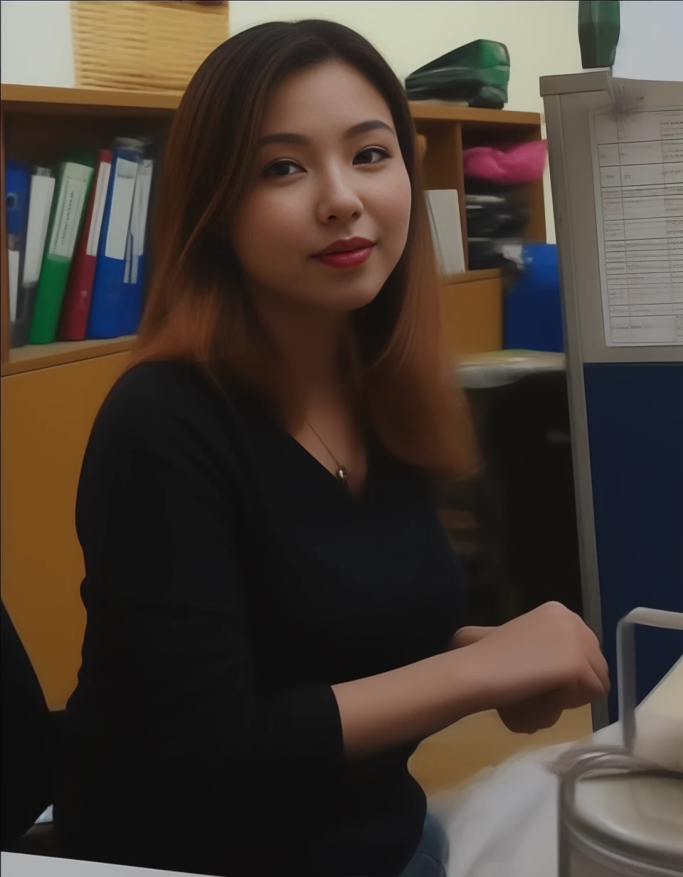 Draw the lips correctly, red lipstick, From the chest up, best quality, Extremely detailed, realistic, ผิวExtremely detailed, perfect ???????, (Wide aperture, warm light,), (alone)，Wear a dark red shirt.，short sleeve，Blue Jeans，black belt，Long hair in a ponytail flew up.，24-year-old woman，mature，Charming smile，outdoor background，stand，leg length，chubby，big breasts，stand up，full body shot