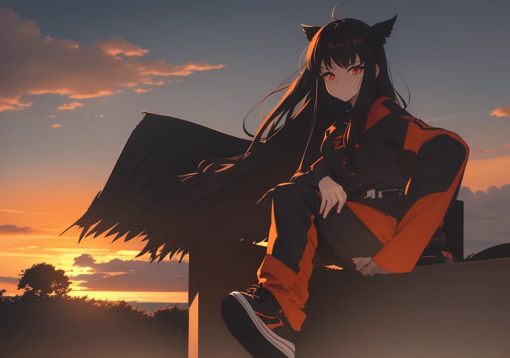 Create art of a goth anime girl,sitting on the grass,watching the horizon,with black shirt with letter L logo,plaid pants in red and black,black sneakers,flying near a black cat face with bat wings,In the background, a very colorful sunset in orange and dark blue,with fluffy clouds forming the phrase Lil Cas&#39;t 