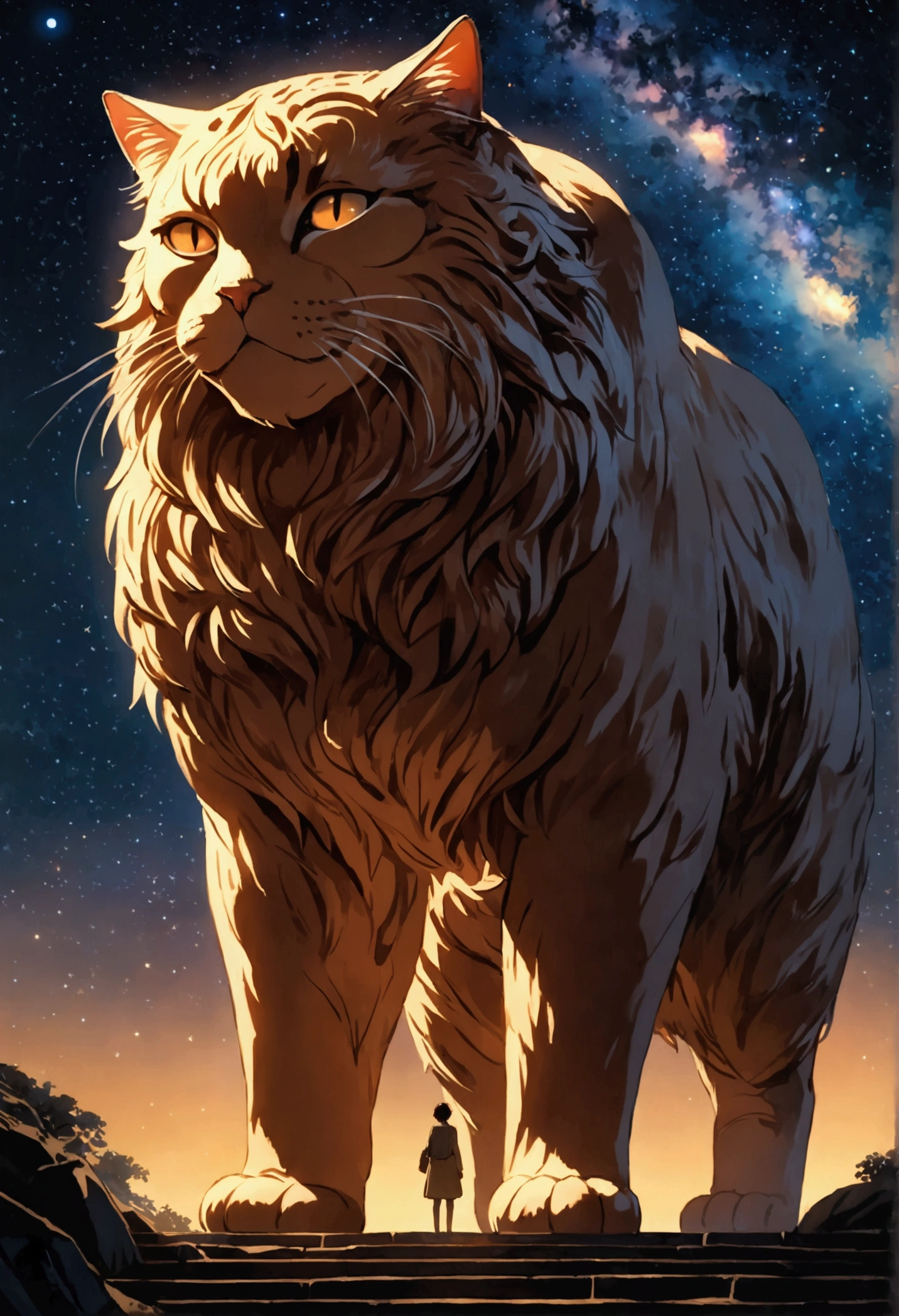 (Giant Cat, exaggerate Giant), from below, Stunning illustration, glowing in the dark with colorful multicolor light, centered on a night background, in the style of pop surrealist artist, fine art, full body, award-winning, cinematic still, emotional, vignette, dynamic, vivid, (masterpiece, best quality, Professional, perfect composition, very aesthetic, absurdres, ultra-detailed, intricate details:1.3)