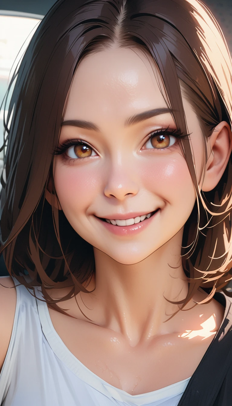 23 years old, masterpiece , modern, Verism, masterpiece, super detail, best quality, 4K , (upper body), a beautiful woman, dark brown hair, white blouse , smile , Hyperrealistic