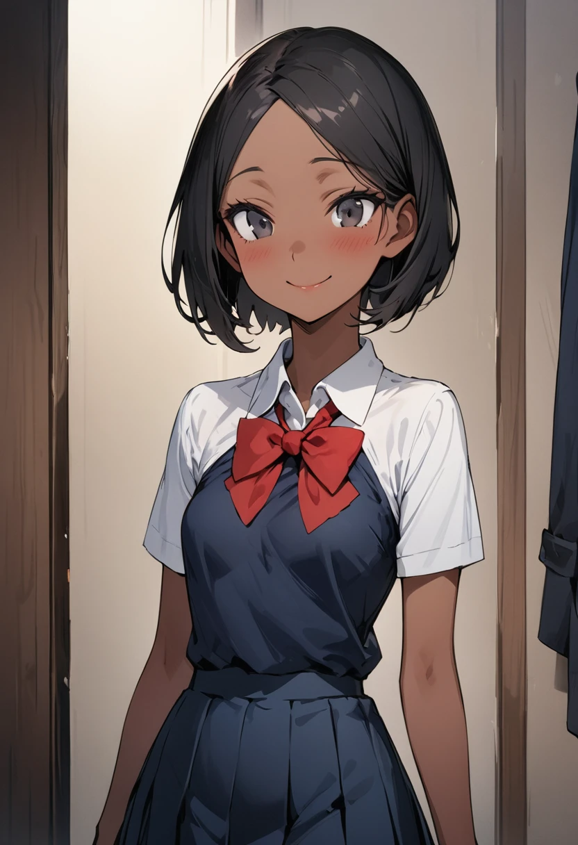 ((masterpiece,Highest quality:1.3,best quality illustration)),cowboy shot,独奏,1woman,18 year old beautiful girl、black hair,short bob hair,(center parted bangs),black eyes,(gorgeous eyes),shy,smile,((Slender,skinny)),tan skin,small breasts,(Collared short-sleeved shirt、red bowtie,Navy blue pleated mini skirt),gleaming skin,oily skin,Slender body, Simple bedroom、Tokyo、
