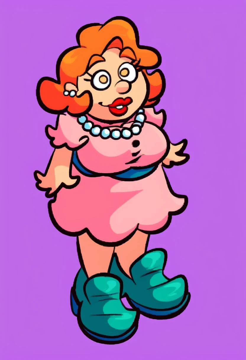 suzanne_huckerdoo, 1girl, full body, solo, simple background, pink dress with two black buttons, teal belt, teal shoes, pearl necklace, pearl earrings, teal head band, red-orange hair, light yellow eyes, tan skin, big red lips amanditas4_style, purple background, huge breasts