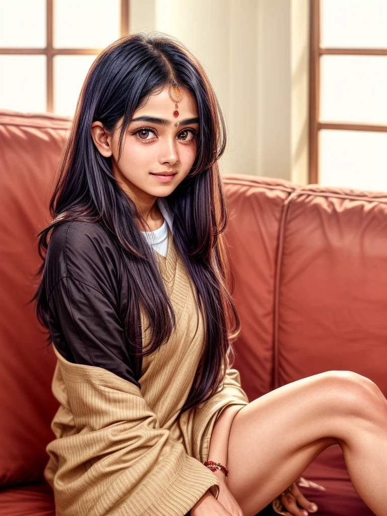 beautiful cute young attractive indian teenage girl, village girl, 18 years old, cute,  Instagram model, long black_hair, colorful hair, warm, dacing, in home sit at  sofa, indian