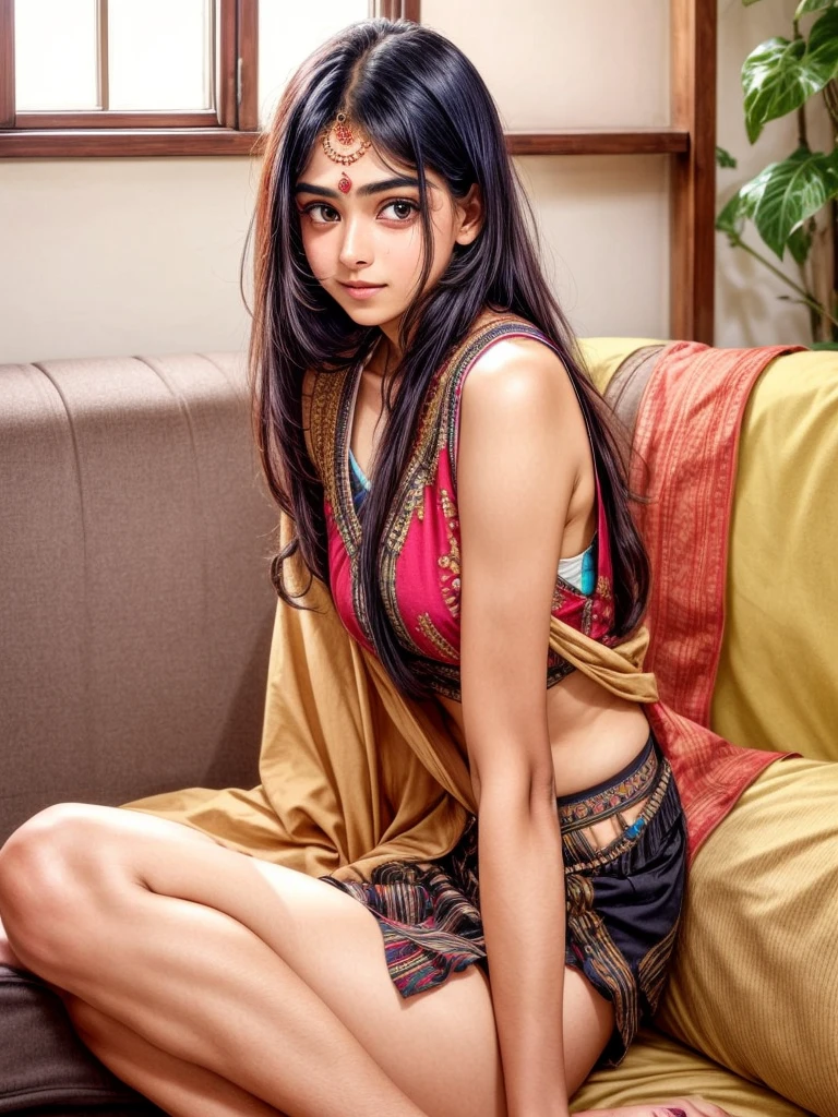 beautiful cute young attractive indian teenage girl, village girl, 18 years old, cute,  Instagram model, long black_hair, colorful hair, warm, dacing, in home sit at  sofa, indian