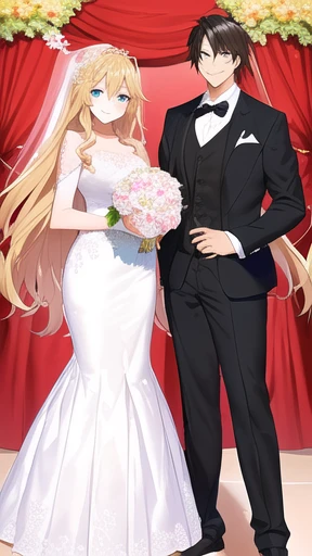 Create an anime-style wedding photo. On the left side, there is a beautiful girl with flowing hair, wearing an elegant wedding dress. On the right side, there is a handsome boy with sharp features, dressed in a stylish suit. They are holding a decorative plaque in front of them, both smiling happily.