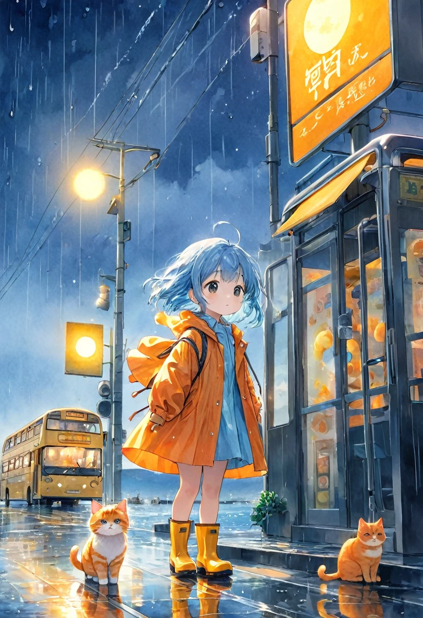 watercolor style pictures,Makoto Shinkai painting style。The background is a clear blue night sky and a bright yellow moon.Little girl wearing red raincoat and rain boots.and a giant orange cat(The cat is 10 times the size of the little girl).The bus stop on the seaside is in the background.(((masterpiece))), (((best quality))), ((Super detailed)), (Highly detailed CG illustrations), ((extremely delicate and beautiful)), Cinematic light, (Character focus), Ridiculous, high contrast little girl:Cat 1:10, Extremely detailed, rich and colorful, most detailed, Science fiction, (light blue hair), Add details,