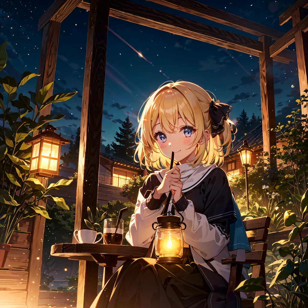 absurdres, highres,
BREAK
girl drinking cocoa, night camp, Lantern Light, Relax Time, Illusory Light particles, lens flare, smile