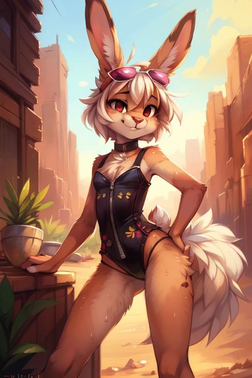 by kenket, by Zackary911, by hyattlen, by teranen, by fumiko, by Pixelsketcher, by Bayard Wu, by Einshelm, by Kilinah, by Hioshiru, by fluff-kevlar, by Dimwitdog, Furry, Anthro, solo, ((bunny)), ((female)), (slender), ((young)), ((fluffy tail)), floppy ears, ears down, short white hair, medium breasts, short bunny tail, lace leotard, embroidery, crotch zipper, unzipped, chest fluff, erotic, desert, dirty, sweaty, sunglasses on head, ribs, smug, erotic pose, dynamic pose, butt