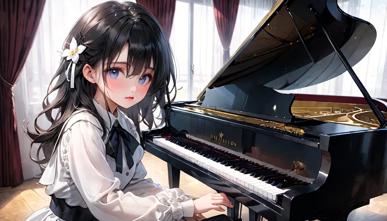 (Highest quality,4K,8k,High resolution,masterpiece:1.2),Very detailed,(Realistic,photoRealistic,photo-Realistic:1.37), High resolution,超High resolution,Studio Lighting,Ultra-fine painting,Sharp focus,Physically Based Rendering,Very detailed説明, 

Girl playing classical piano in music room. Her eyes are clear、She looks a little tearful.. 