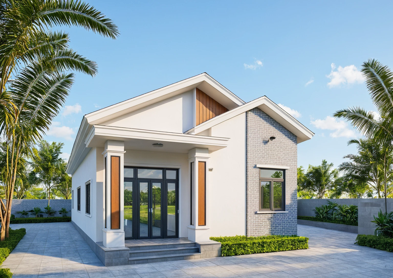 Photo brute,head of'artwork, High quality, best quality, authentique, great detail,
Outside, En plein air, house, Nhamainhat, aiaigroup sur le jardin tropical, Ligne minimaliste,honreyvilla, style moderne, gray tile roof brick yard,grass,tropical trees, sky, (jour:1.1),Arrière-plan du jardin tropical