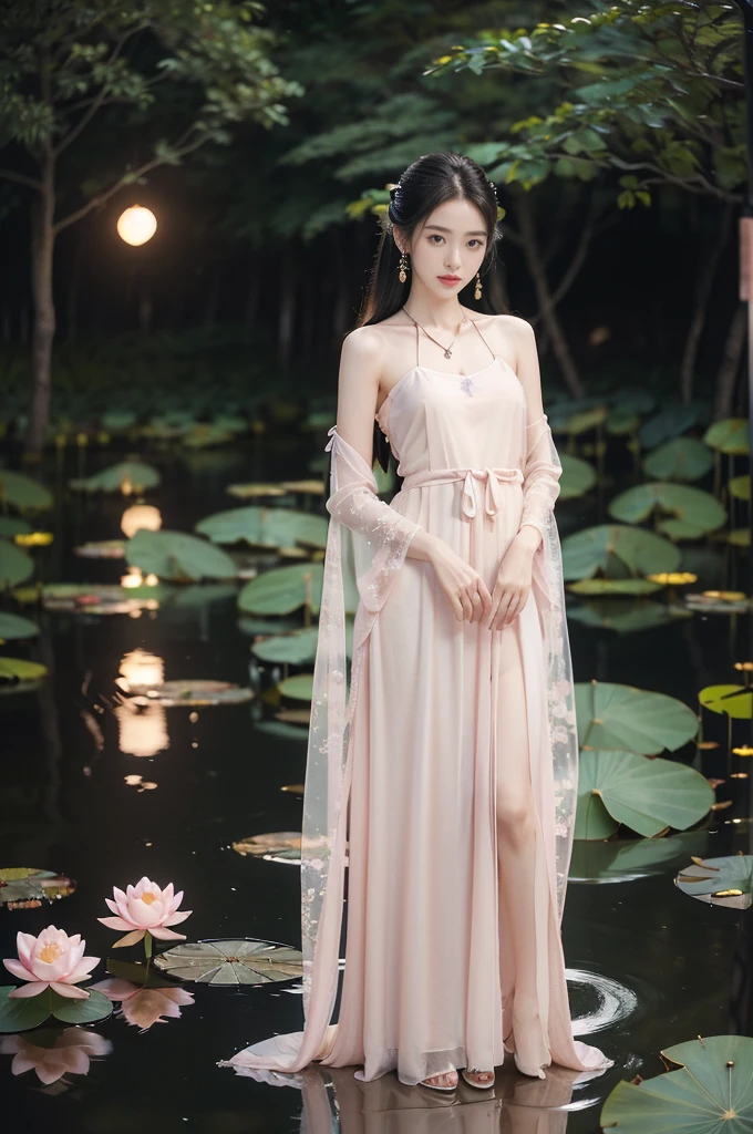 (((best quality))),(((ultra detailed))),(((masterpiece))),illustration,((1 beautiful young  girl,solo)),((slim,thin)),(shoulder length straight hair:1.2),((earrings,necklace)),((small breasts,flat chest)),(see through traditional pink sheer Hanfu dress:1.3),((slender legs,high heels)),(beside the lotus pond full of lotus flowers:1.3), serene moonlight, ethereal,floral pattern, water movement, billowing fabric, tranquil,petals, fireflies, magical warm light, dreams, invitation, (standing:1.3),(arms behind back:1.2),gazing, reflection, inner thoughts, emotional, sweet scent, natural beauty, solitude, hypnotic lull, eternal summer,(night scene:1.3), natural world, human spirit, celebration, backdrop, water, glow,(from front:1.5),(full body:1.2)