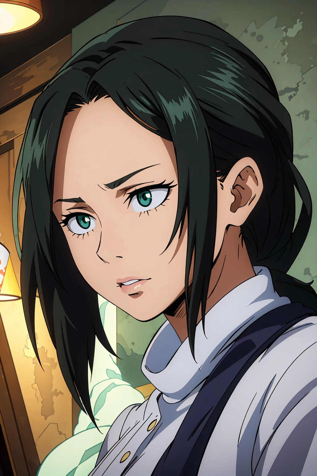 a 50 year old woman, black long hair, green eyes, middle aged appearance, some wrinkles, mother's face, in a house, wearing simple clothes , detailed face, detailed eyes, detailed lips, cinematic lighting, dramatic lighting, my hero academy art style , boku no hero art , oil painting, high quality, masterpiece, extremely detailed, vibrant colors, chiaroscuro lighting, dramatic composition, atmospheric, ethereal, elegant, serene